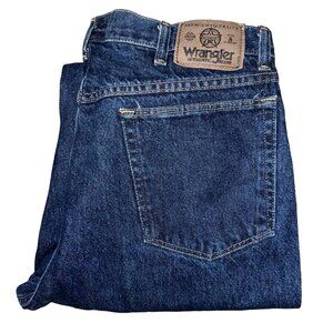 Wrangler Western Straight Leg Jeans Mens 36 32 Medium Wash Logo Pockets Blue